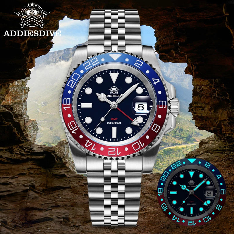 ADDIESDIVE Fashion GMT Watch for Men Super Luminous AD2050 Wristwatches Luxury Luminous 20Bar Diving Stainless Steel Man Watches