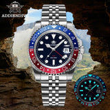 ADDIESDIVE Fashion GMT Watch for Men Super Luminous AD2050 Wristwatches Luxury Luminous 20Bar Diving Stainless Steel Man Watches