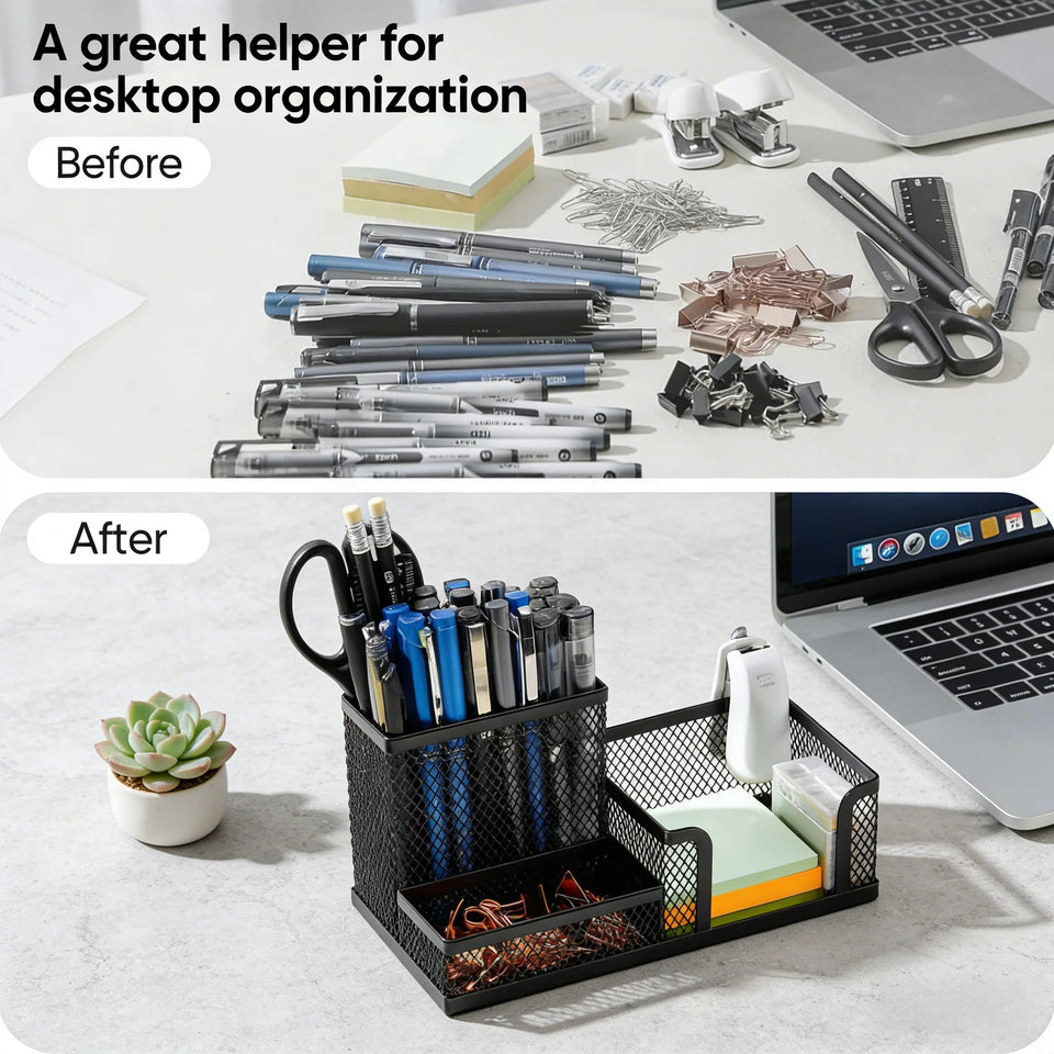 Desktop Accessories Storage Caddy, Black Wire Mesh Desk Organizer with 3 Compartments, Pencil Holder and Storage Baskets