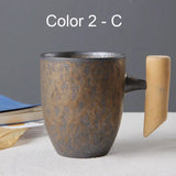 Japanese Vintage Tea Cup Set Ceramic Coffee Mug Rust Glaze Milk Cafe Cup with Wood Handle Water Cup Teacup Home Office Drinkware
