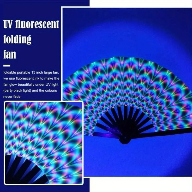 Folding Fan Bright Color Rainbow Starry Sky Color Glow In The Dark Festival Performance Party Supplies Hand Fan Xmas Dance Fan