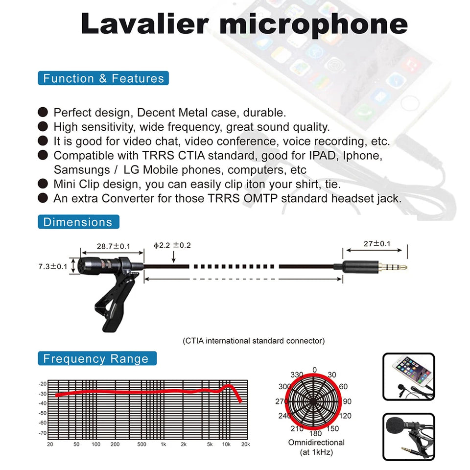 Professional Dual Mini Lavalier Microphone 3.5mm Mini Collar Clip Microphone Mic Studio Lapel Condenser Smartphones Microphone