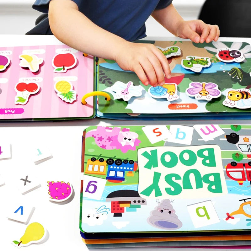 Interactive Silent Book Enhancing Recognition Numbers, English Letters, Fruits, Animals Weather Reusable Stickers Activity Books