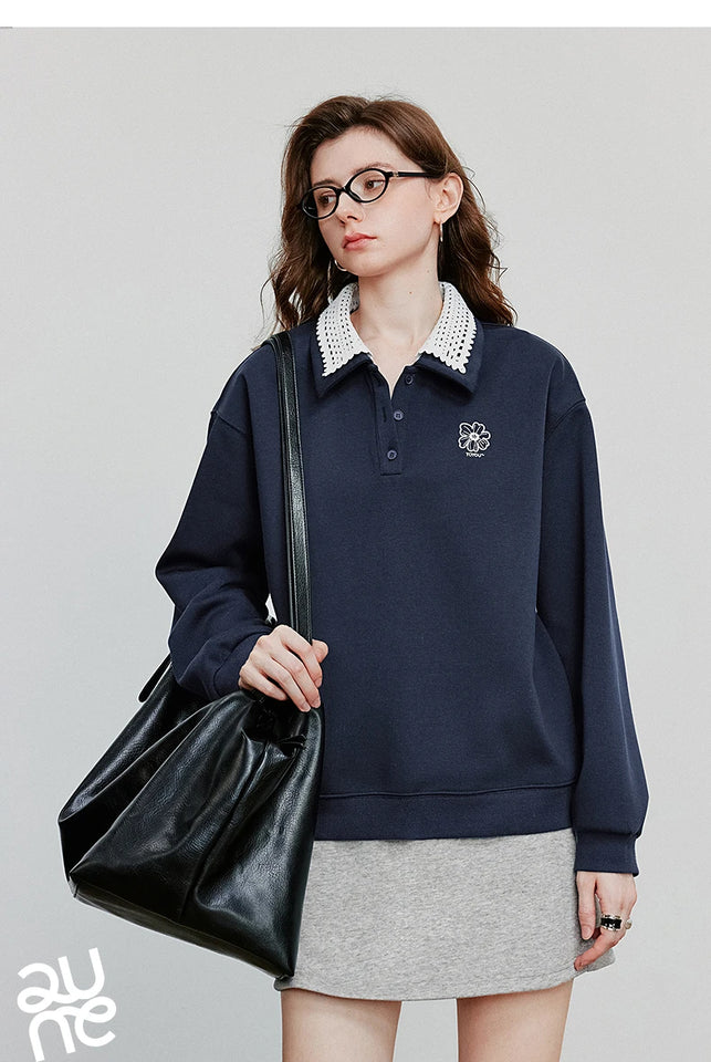 TOYOUTH Women Sweatshirt 2025 Autumn New Green Velvet Embroidery Contrasting Color Splicing Double Layer Collar Pullover Hoodies