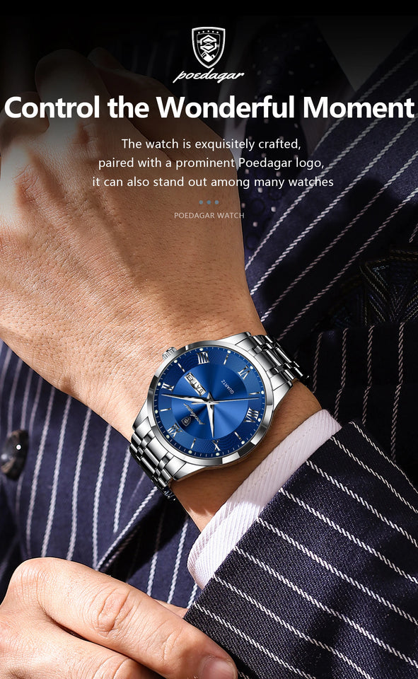 POEDAGAR Luxury Man Clock Waterproof Luminous Week Date Fashion Men's Wristwatch Stainless Steel Business Quartz Watches For Men
