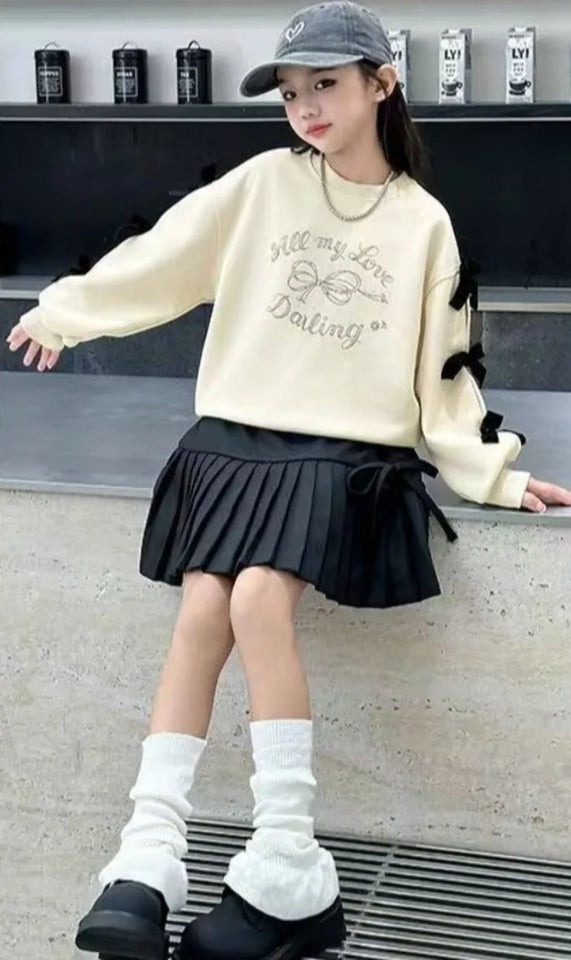 Girls' 2025 New Spring/Autumn Long Sleeve Bowknot Loose Fit Stylish Korean Style Mid-Big Kids Sweatshirt