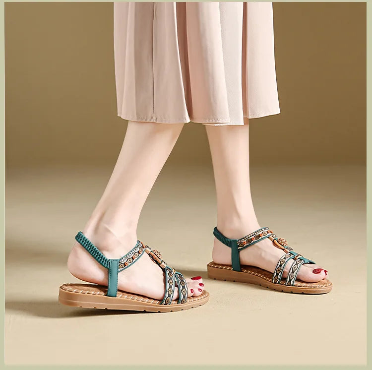 Women's sandals summer bohemian one line elegant slimming anti slip comfortable daily vacation flat beach shoes
