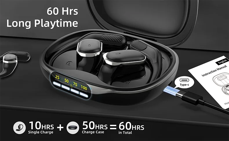 Open Ear Headphones Bluetooth 5.4 Wireless Earphones TWS 60 Hours Playtime Dual Mic Clear Call Sports Air Conduction Headphones