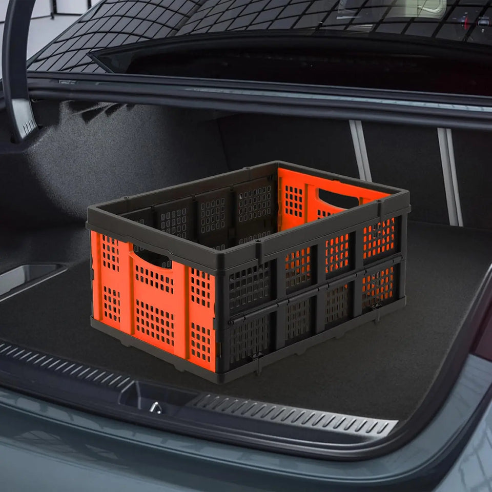 55L Heavy-Duty Collapsible Plastic Crate Foldable Storage Basket with Side Handles, Stackable Design for Food Drinks Books Tools