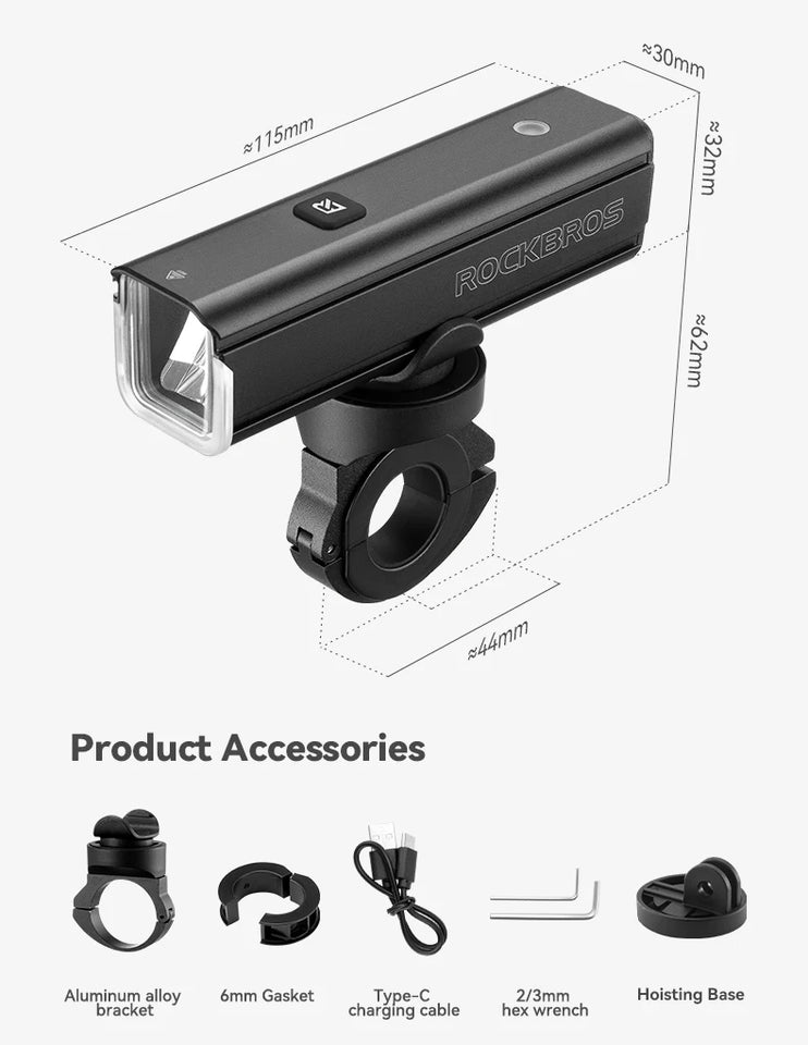 ROCKBROS Bike Light 1500LM 5000mAh Bicycle Light IPX6 Aluminum Type-C Rechargeable Smart Brightness Sense Adjust Cycling Lamp