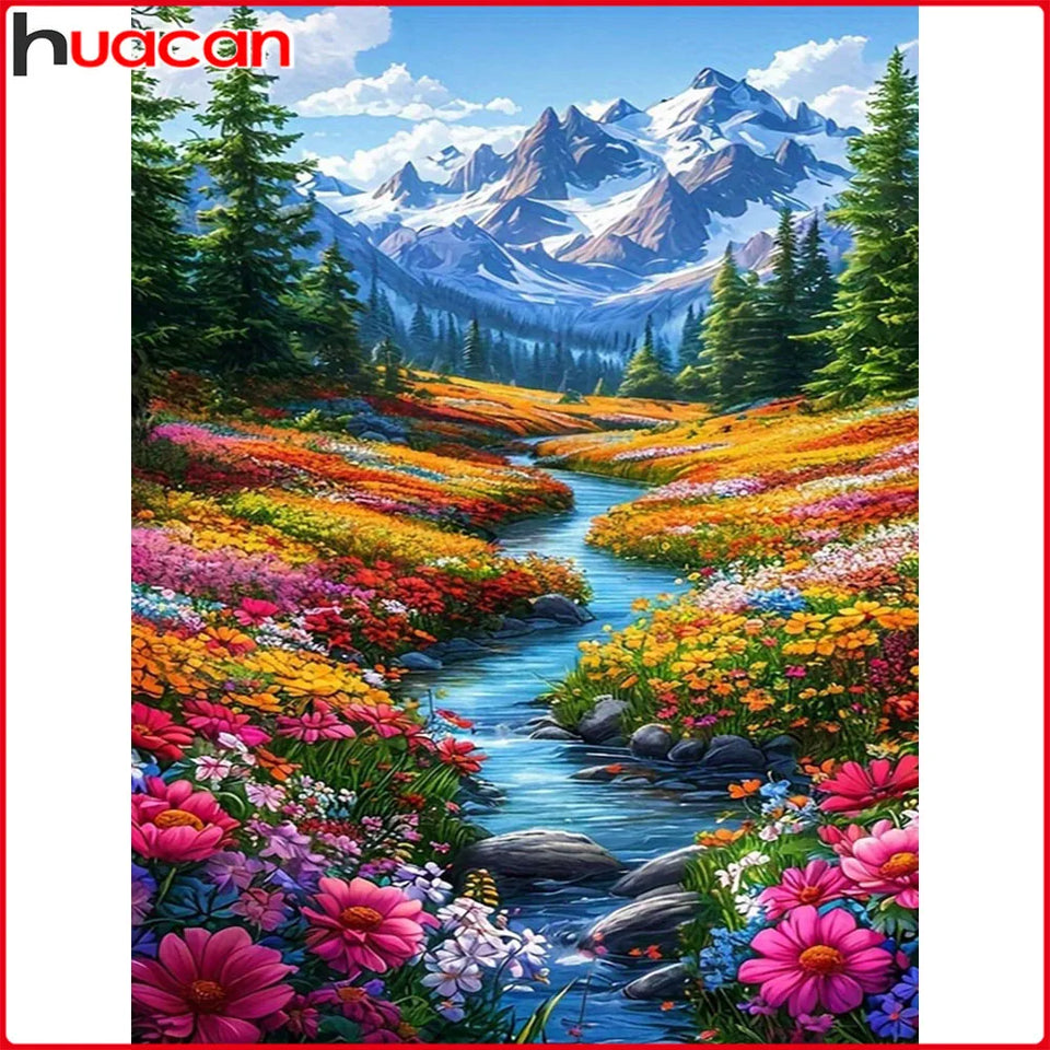 Huacan New Arrivals 2025 Diamond Painting River Mountain Diamond Embroidery Landscape Flower Full Handmade Gift