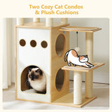 Modern Cat Tree Wooden Cat Tower with 2-Floor Condo Cat Furniture with Cat Scratching Posts Capsule Nest and Dangling Balls