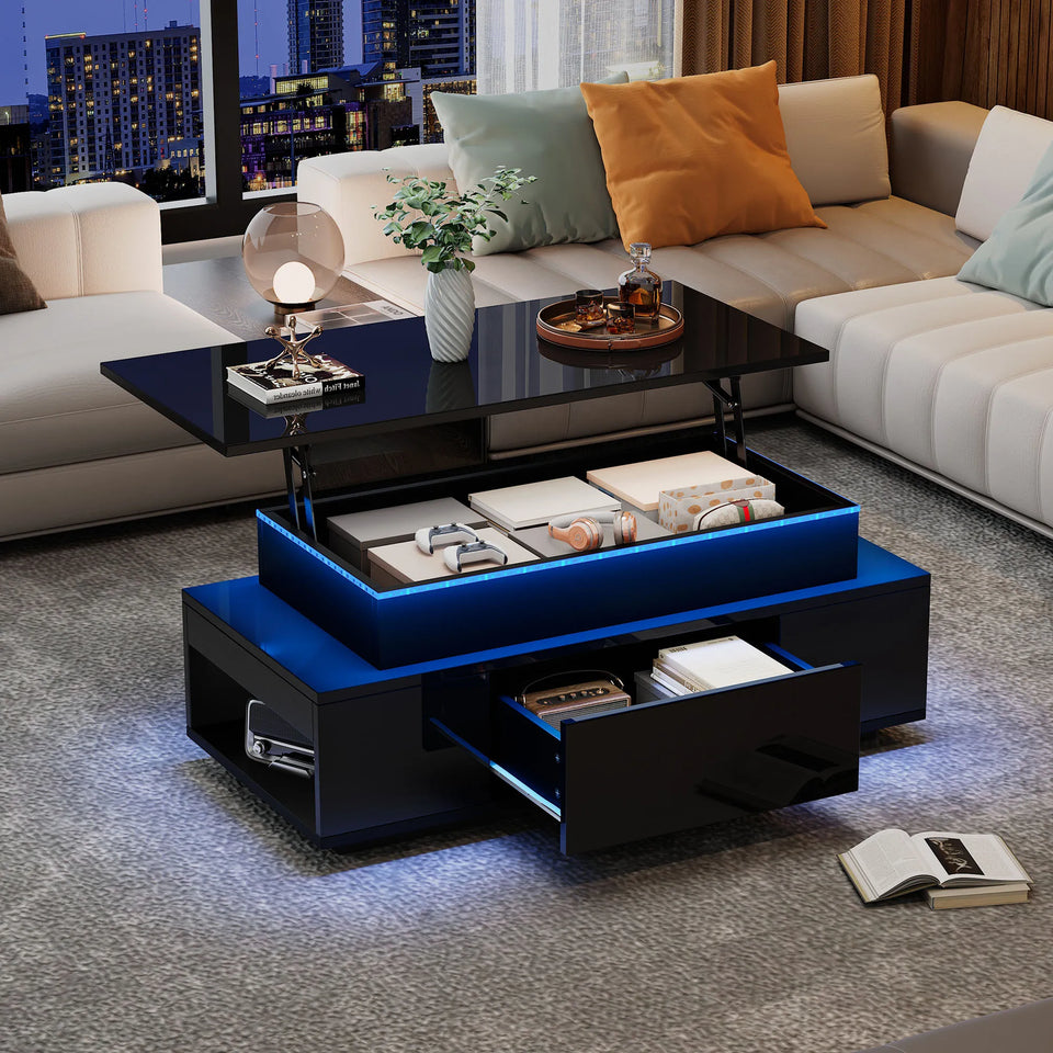 KOMHTOM Black height adjustable coffee table high gloss coffee table with hidden storage, drawer and LED lighting