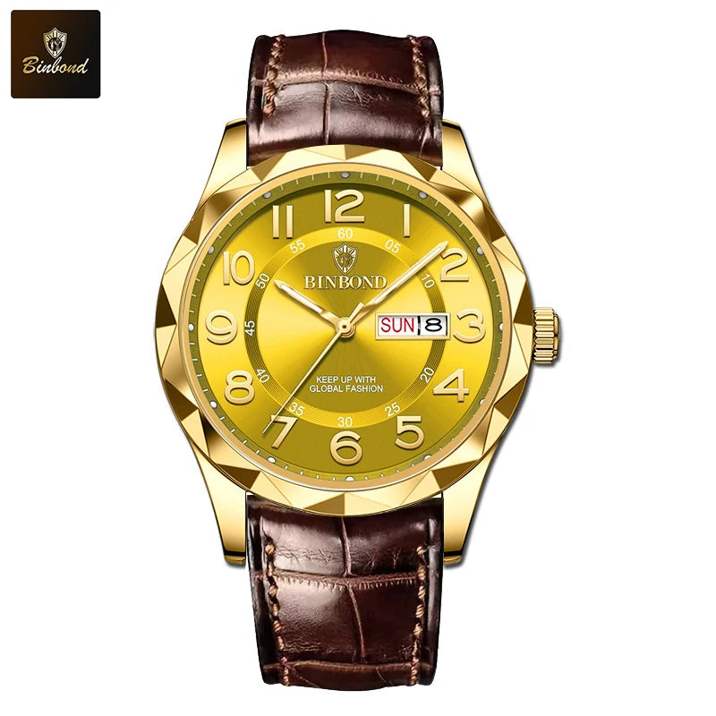 BINBOND New Fashion Mens Casual Sports Watches For Men Retro Big Dial Quartz Watches Classic Leather Business Men Watches B5663