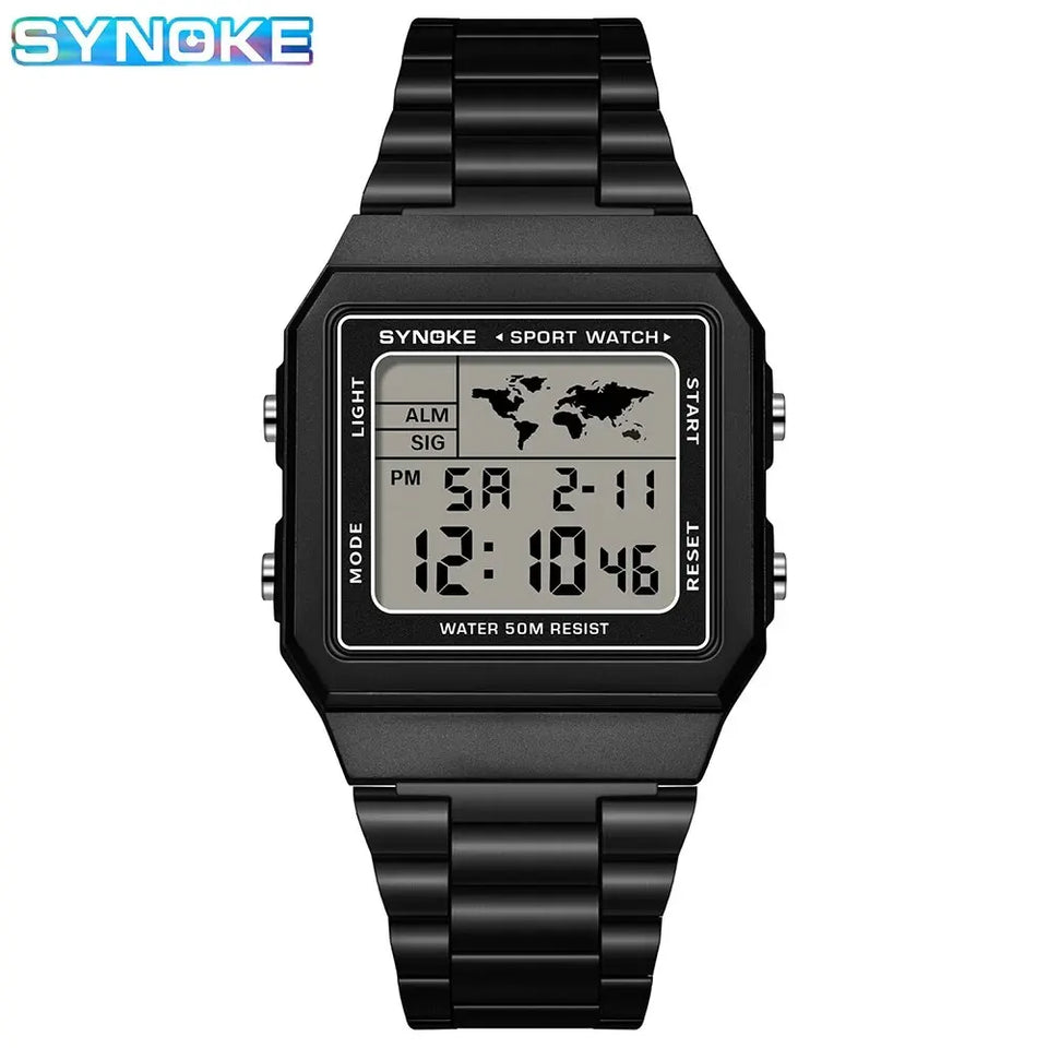 SYNOKE Stainless Steel watchband Chrono Sport Watches Men Back Light Display Digital Wristwatch Waterproof plastic watch case