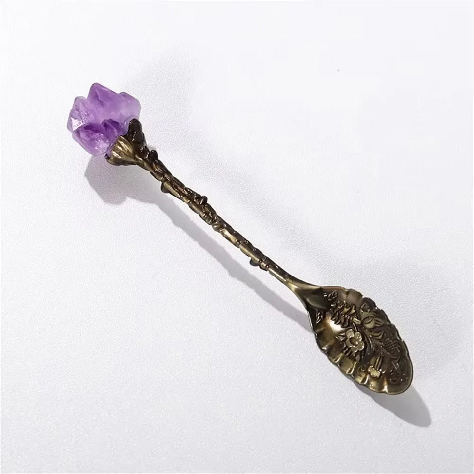 Natural Purple Amethyst Metal Spoons  Coffee Spoon Dessert Copper Spoon Long Handle Vintage Ice Cream Mixing Spoon