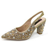 Elegant And Sexy Golden Color High Heels Shoes And Bag With Rhinestone Embellished Toe Is Comfortable Women's Shoes For Party