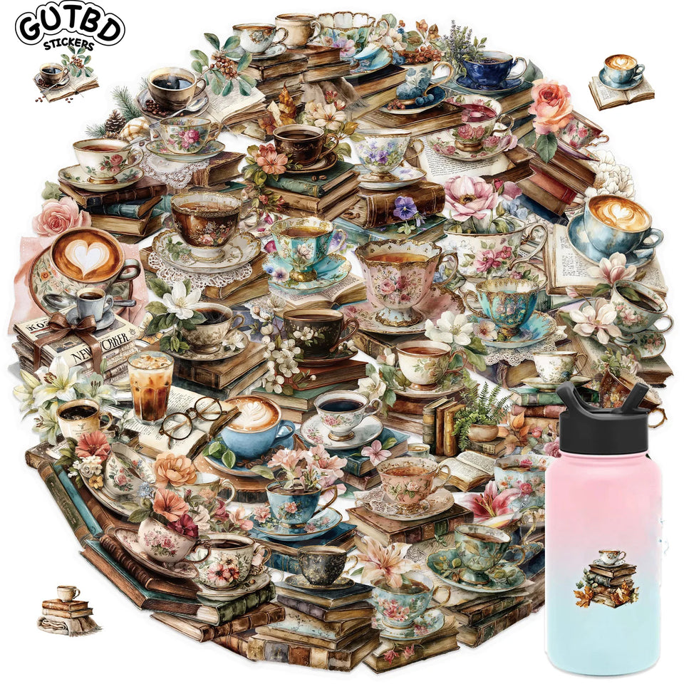 50/100PCS Cartoon Coffee Book Theme Sticker Transparent PET Decorative Skateboard Helmet Guitar Waterproof Stickers Kids Toy