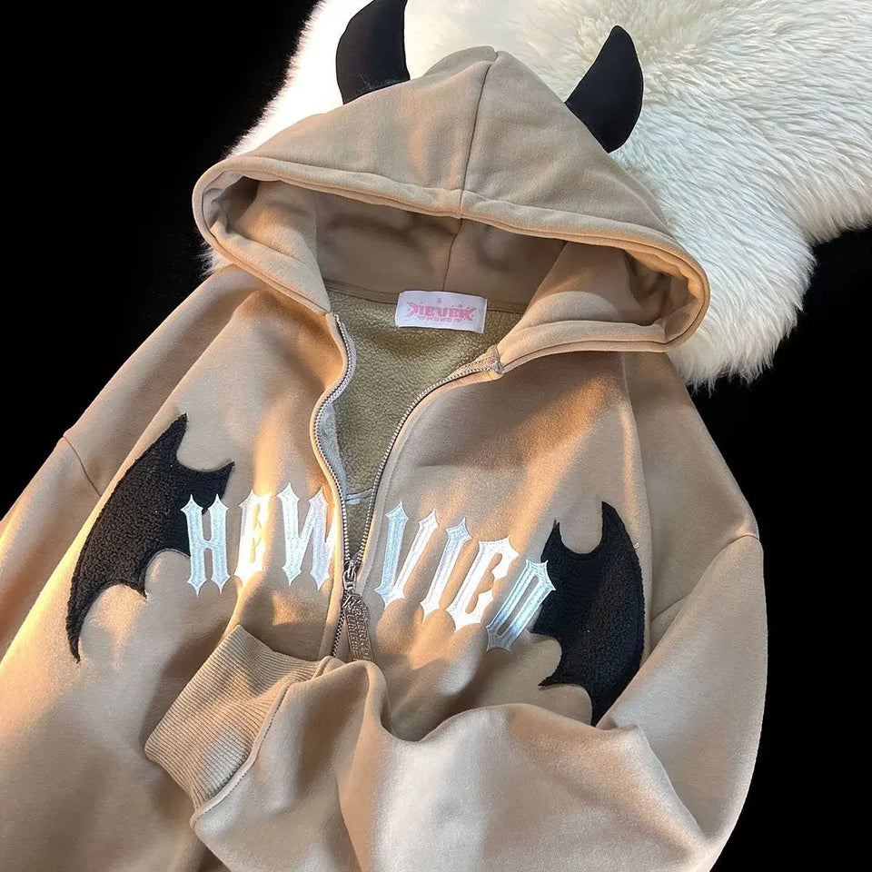 American Retro Little Devil Embroidered Zipper Hoodie Women Y2K Street Fashion Trend Joker Sweatshirt Couple Casual Loose Hoodie
