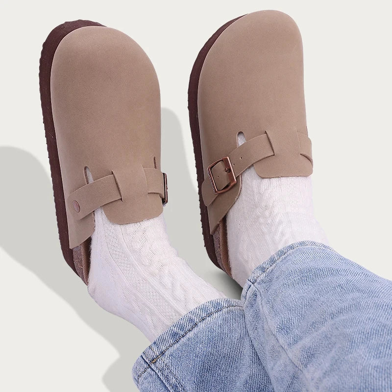 Gacimy Women Fashion Thick Sole Leather Clogs Slippers Classic Women's Mules Cork Clogs Slipper Outdoor Deep Heels Shoes Sandal