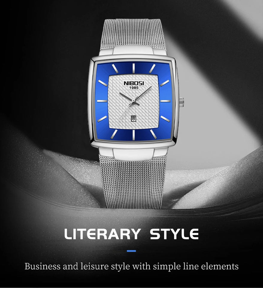 NIBOSI Mens Watches Top Brand Luxury Square Quartz Watch Men Slim Mesh Waterproof Sport Wristwatch Date Luminous Reloj Hombre