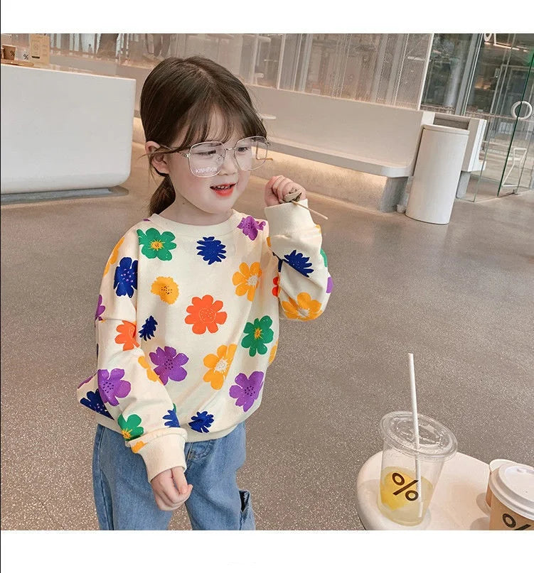 Spring Autumn Baby and Girls Sweet All-Over Flowers Sweatshirt School Kids Outfit Pullover Tops Child Workout Jumper 1-12 Years