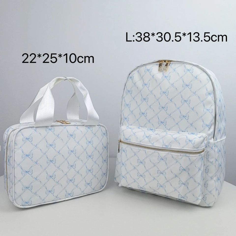 2PCS/SET Trendy Flower Bow Printing School Bag Lunch Bag Large Capacity Nylon Backpack Cute Students Insulation Ice Bento Box