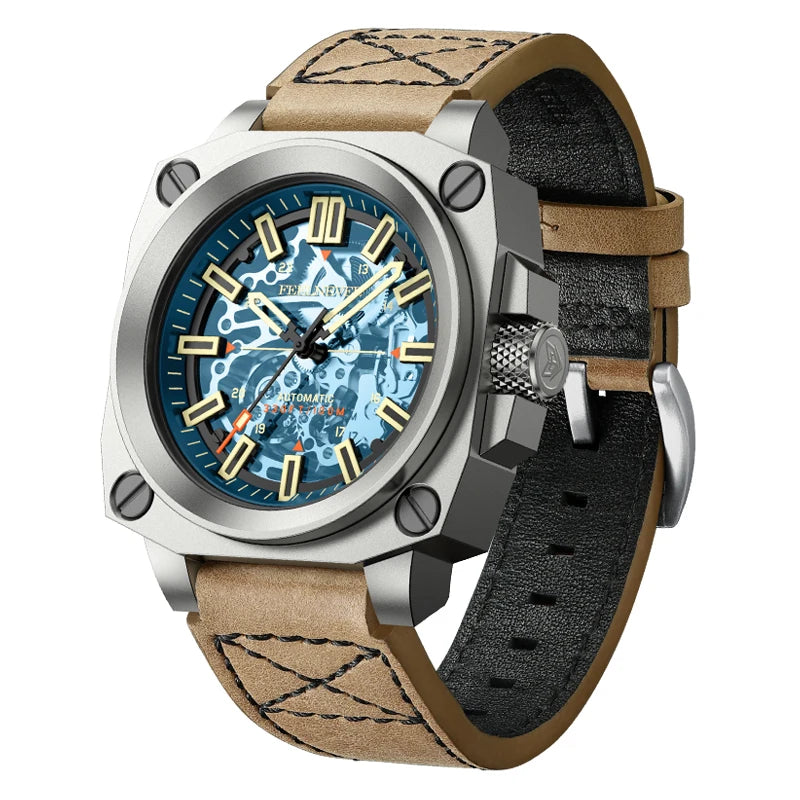 FeelNever Creative Automatic Movement Men's Watches Hollow Fashion Casual Sport Military Leather Waterproof Mechanical Watch+Box