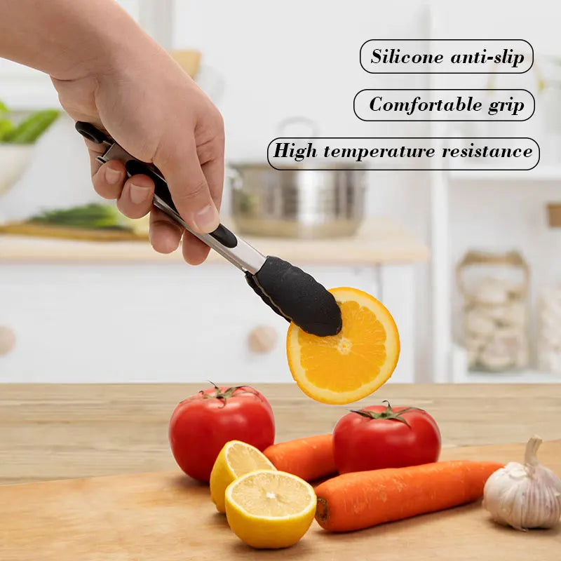 1 Pc Black Silicone Food Tongs, Stainless Steel Food Tongs Outdoor BBQ Clamps For Camping Kitchen Tongs For Baking Steak