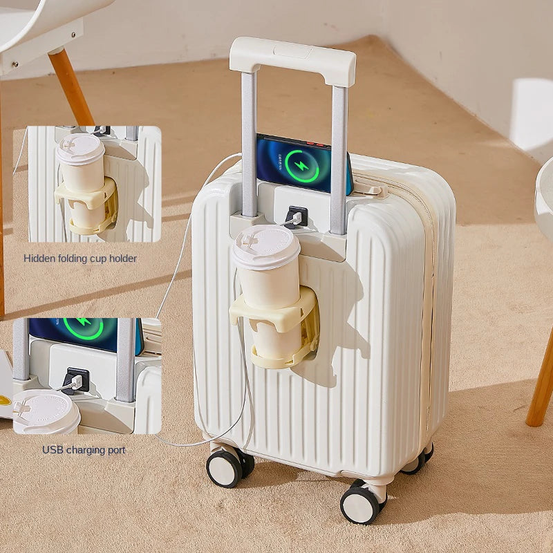 Multifunctional suitcase 18 inch small lightweight luggage with USB cup holder password suitcases 20" cabin carry-on travel bag