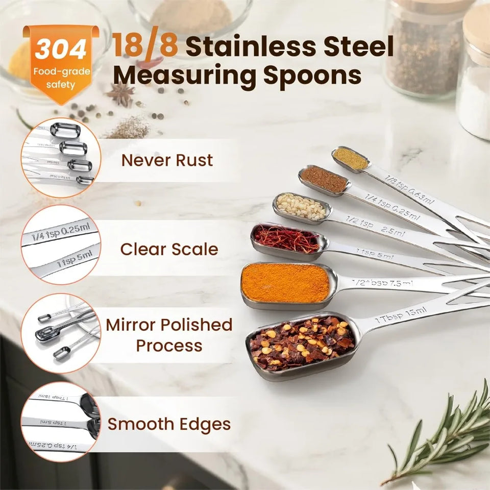 6pcs/set Food-grade Stainless Steel Measuring Spoon Anti-Scratch Sugar Coffee Powder Spice Scoop for Home Baking Daily Cooking