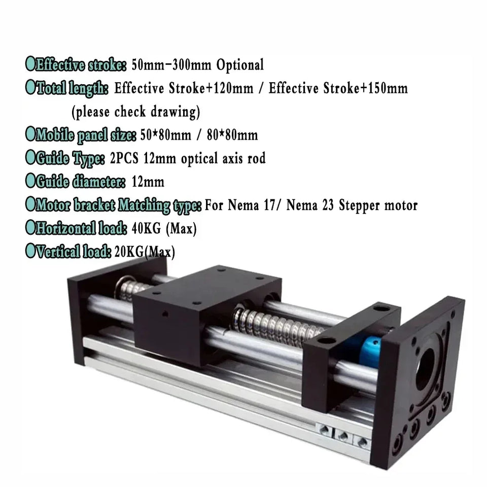 Linear Rail Kit Sliding Table Ball Screw Module Slide Stage 50-300mm Stroke Nema23 Stepper Motor 1.2Nm Power Supply Driver CNC