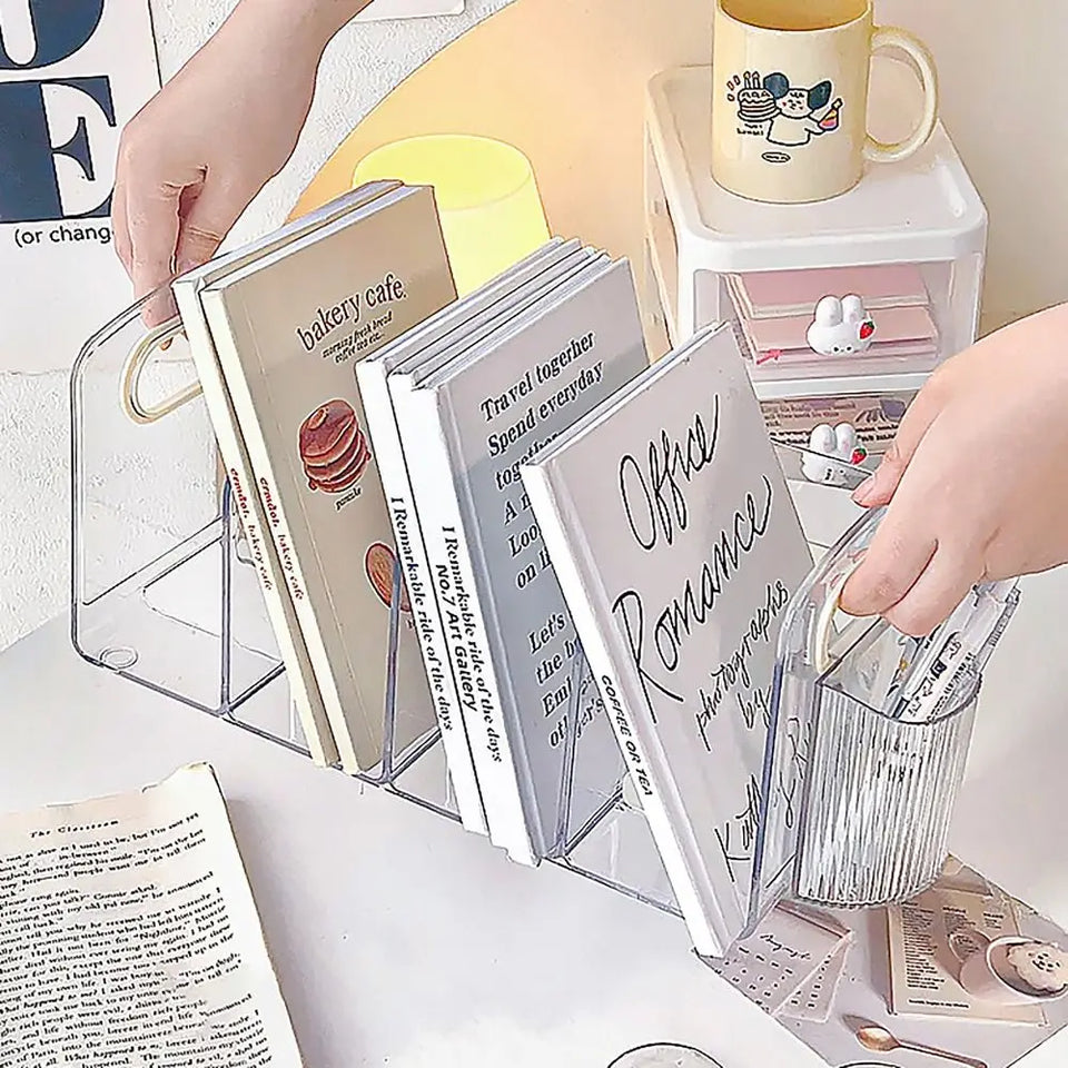 Convenient Clear Acrylic Bookends with Handle Desk Organizer Divided Book Stand Desktop Book Holder Student
