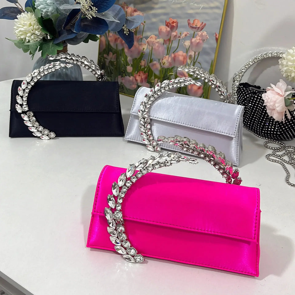 Luxury Diamond Evening Bag Clutch Satin Women Designer Handbags Crystal Silk Shoulder Crossbody Bags for Women Wedding Box Bag