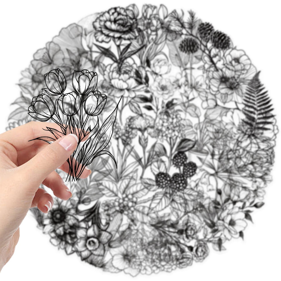50pcs Black And White Vintage Retro Flower Plant Stickers Decals Laptop Scrapbooking Journal Planner Card Making PET Stickers﻿