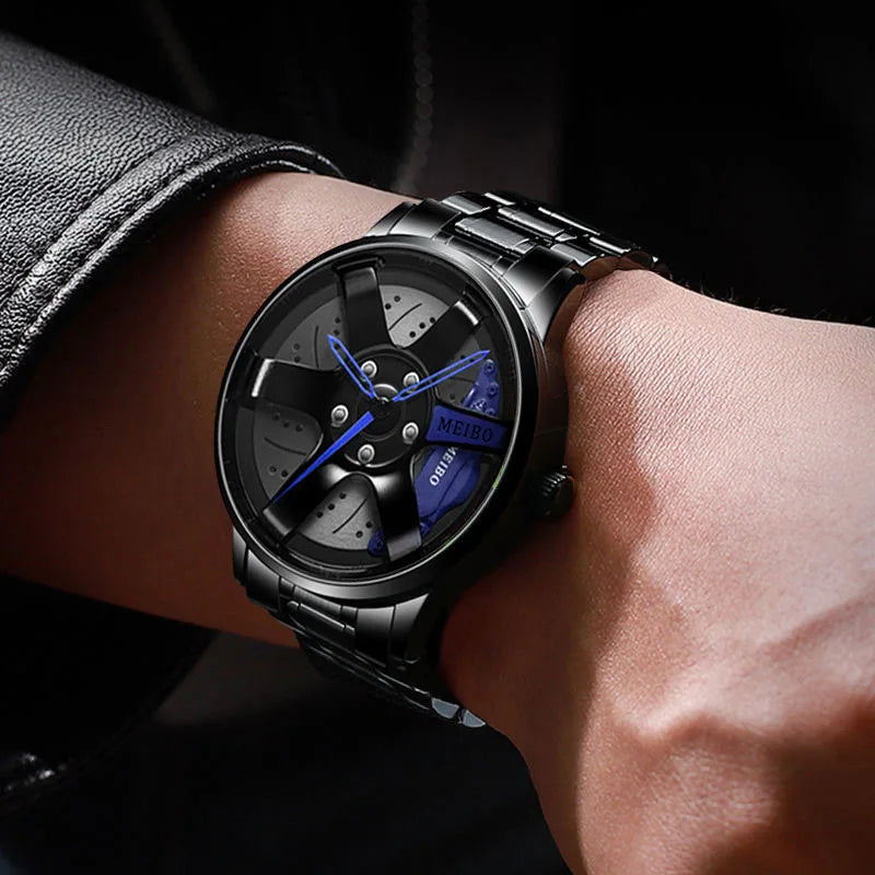 New Top Men Stainless Steel Watches Mens Car Wheel Hub Leather Quartz Watch For Male Military Sport Watch Relogio Masculino Hot