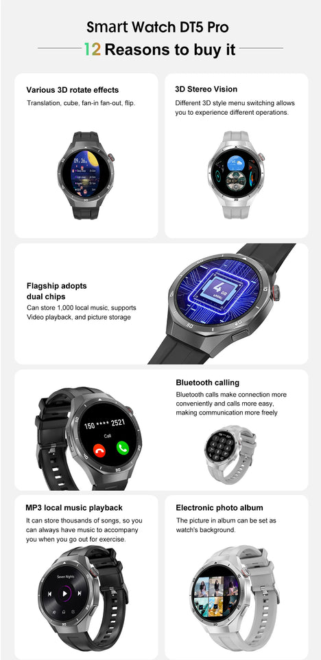 DT5 Pro Smart Watch for Men Women Digital Wrist Watches MP3 MP4 Music Smartwatches Fitness Bracelet Electronic Wristwatch Clock