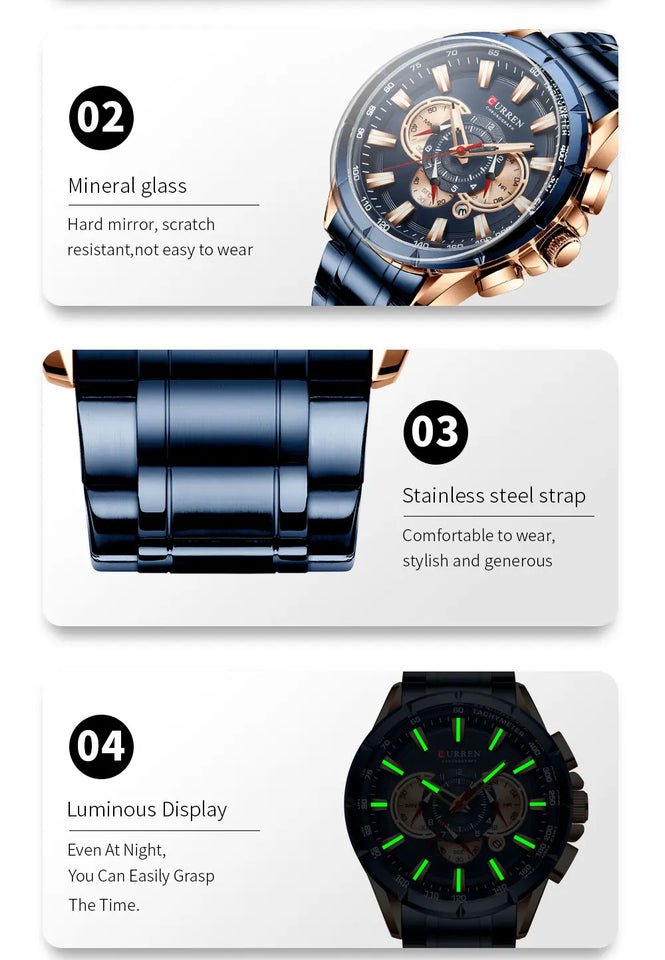 CURREN 8363 Casual Sport Chronograph Men's Watches Stainless Steel Band Wristwatch Big Dial Quartz Clock with Luminous Pointers