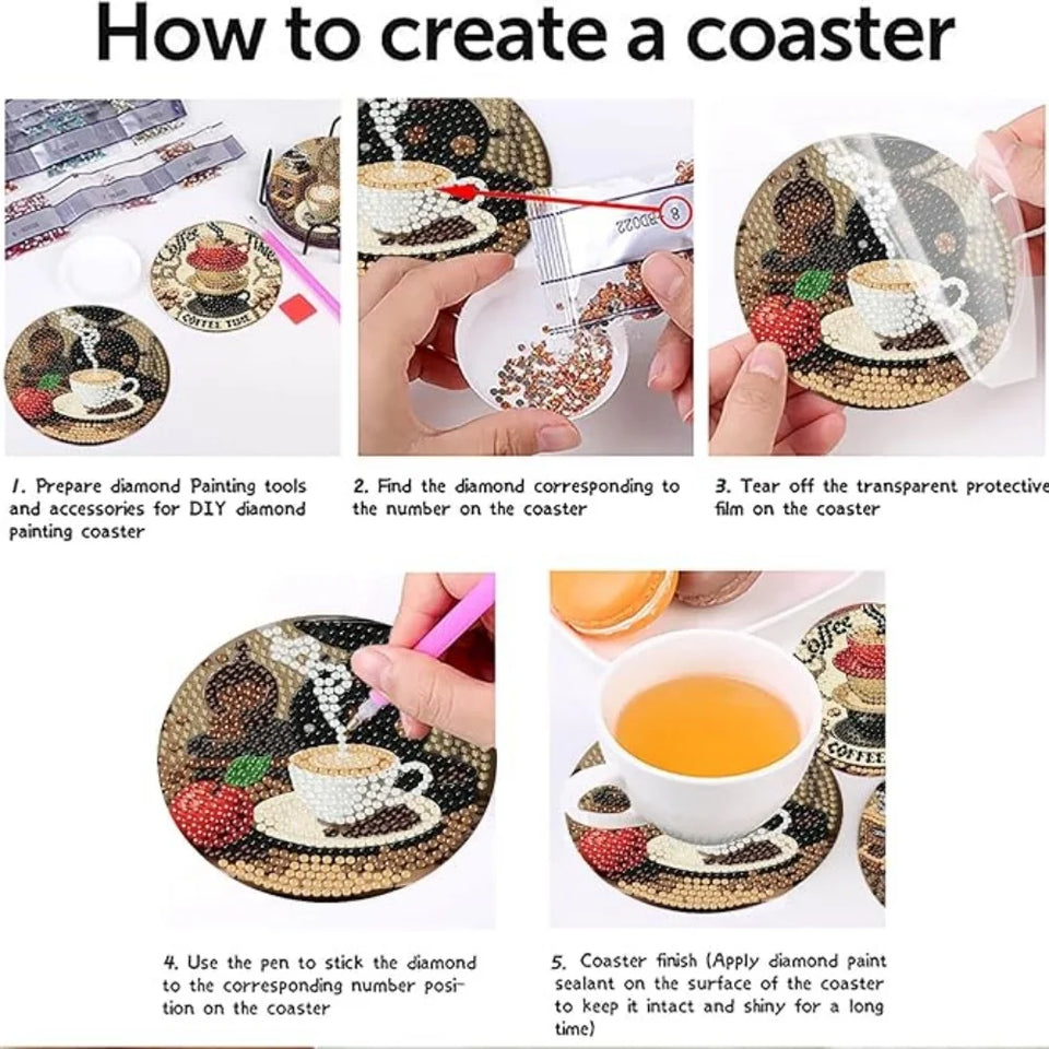 8 pieces/set of diamond painted coaster set with coffee pattern coaster (with holder) - DIY diamond art craft kit for home decor