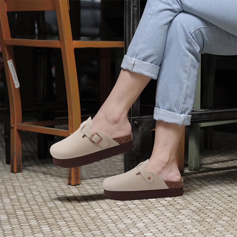 Gacimy Women Fashion Thick Sole Leather Clogs Slippers Classic Women's Mules Cork Clogs Slipper Outdoor Deep Heels Shoes Sandal
