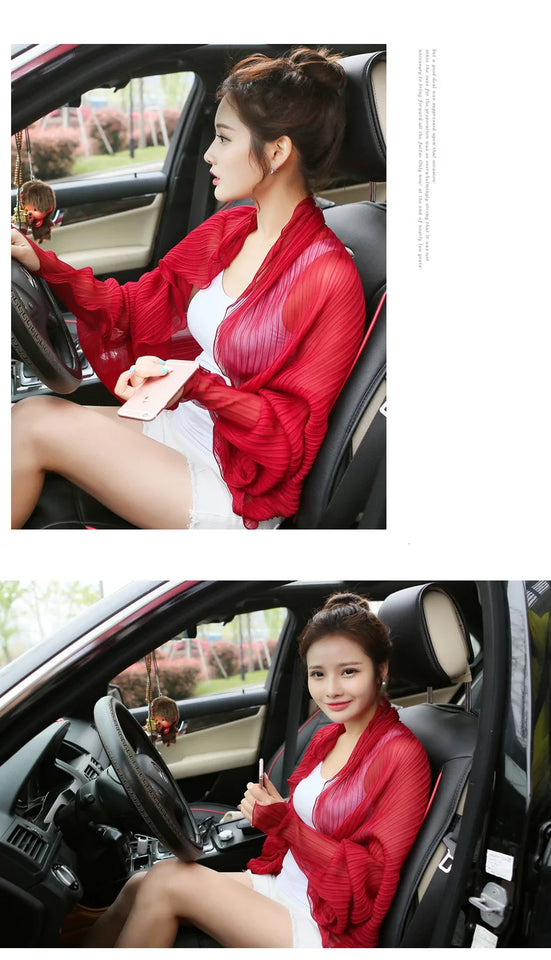 Summer Multi-functional Sunscreen Shawl Women's Long-sleeved Loose Light Breathable Anti-UV Pleated Chiffon Scarf Driving Sleeve