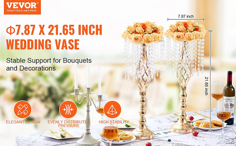 VEVOR Tall Crystal Wedding Flower Stand Metal Wedding Centerpiece Vase Gold Flower Holders Floral Display Rack for Wedding