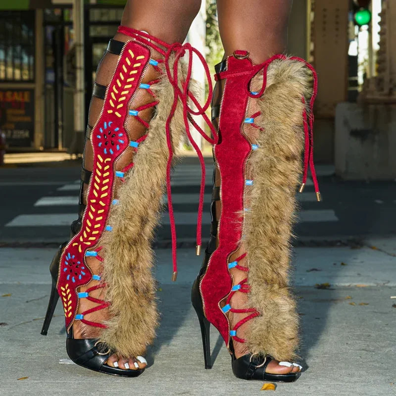 Fur Peep Toe Cross Tied Platform Sandal Boots Sexy Round Toe Thin Heel Zippeer New Arrivals Fashion Women Modern Boors