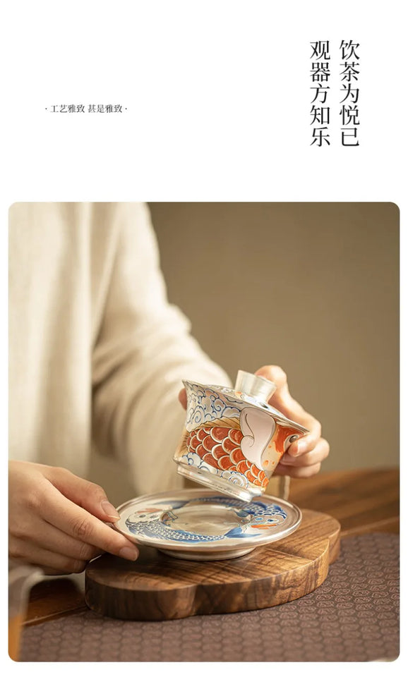 Tea set handmade silver three talents horseshoe covered bowl, Chinese dragon fish respect tea bowl, tea making bowl, tea cup for