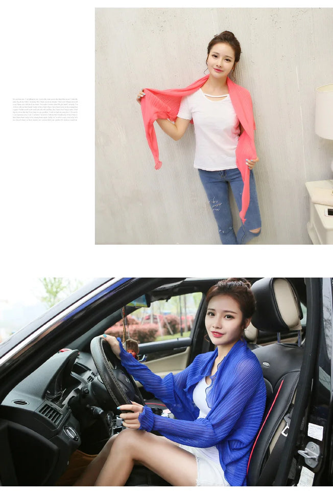 Summer Multi-functional Sunscreen Shawl Women's Long-sleeved Loose Light Breathable Anti-UV Pleated Chiffon Scarf Driving Sleeve