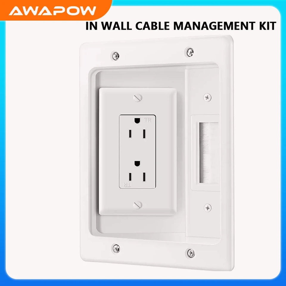 Awapow Recessed Outlet Box in Wall Cable Management Kit 15A 125V Hide TV Power Cables & Low Voltage Wires Behind the Wall White