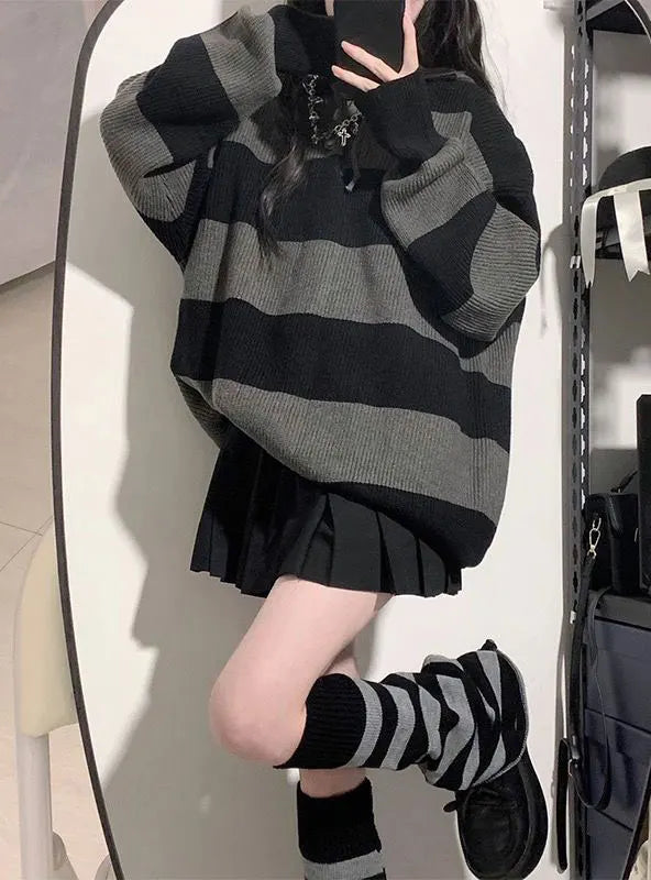 Striped Contrasting Sweater Women's Long Sleeve Knitted Sweatshirt Korean Fashion Streetwear Pullover Autumn New Casual Jumper