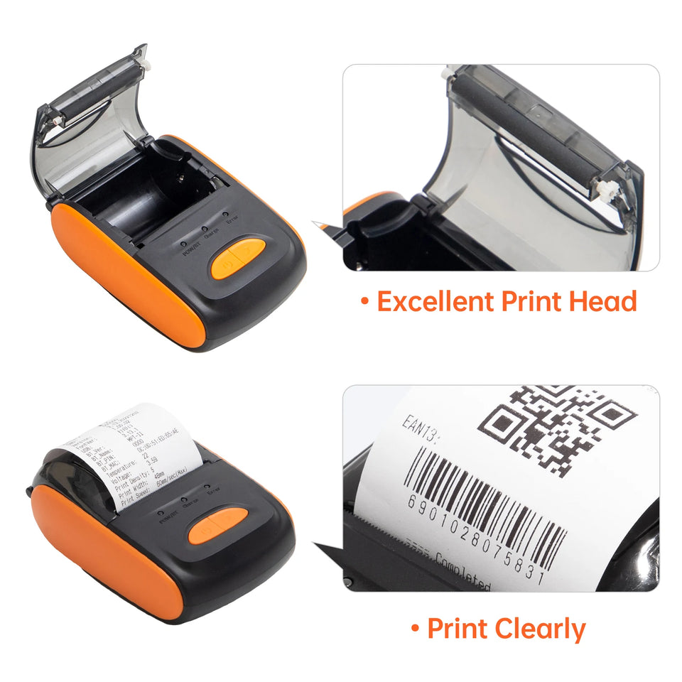 Receipt Printer Portable 58mm Mobile Thermal Printer Wireless BT Mini Bill Ticket Printing Printer with 1pcs Thermal Paper Rolls
