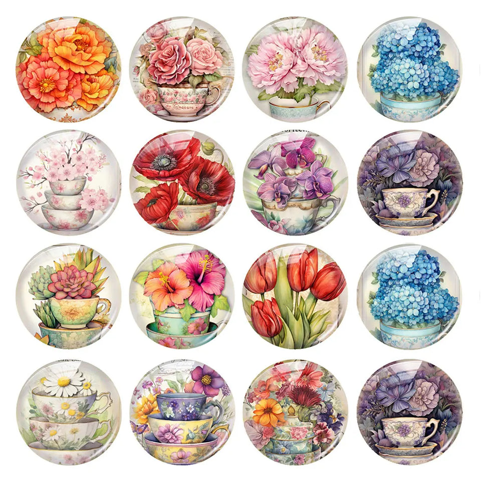 Handmade Teacup Coffee Cup Flower Photo Glass Cabochon Flatback Demo Flat Back Cameo For Diy Jewelry Making Supplies Accessories