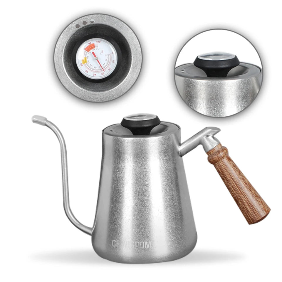 CF WISDOM Vintage Classic Silver Stainless Steel 600ML Coffee Hand Brewing Pot Temperature Display Water Bottle Coffee Utensils